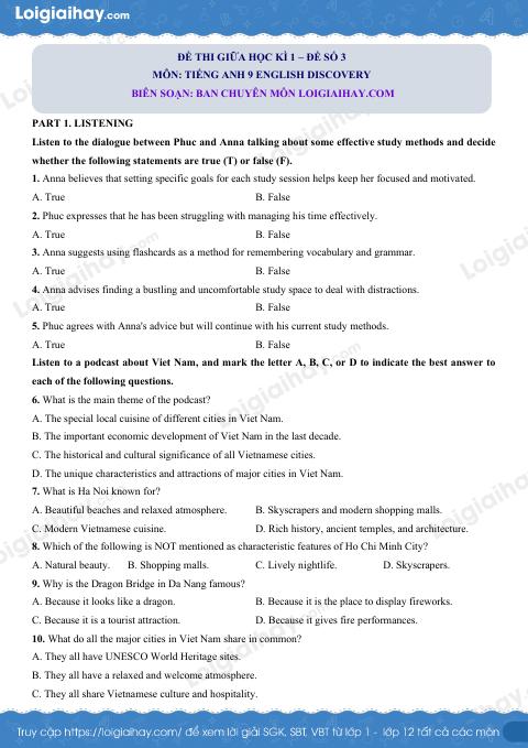 Đề thi giữa kì 1 Tiếng Anh 9 English Discovery - Đề số 3